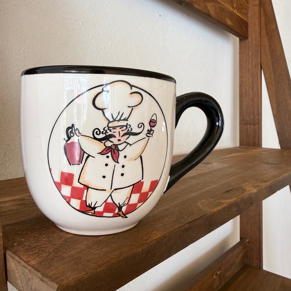RARE Vintage Gibson Home Fat Chef Mug Red Check Black Rim Double Sided Kitchen